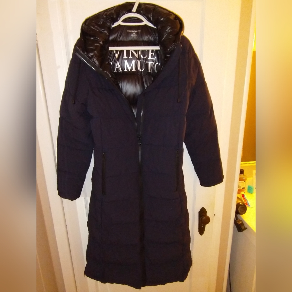 Dark blue puffer coat by Camuto. Long length. Size small. Fits more like M.